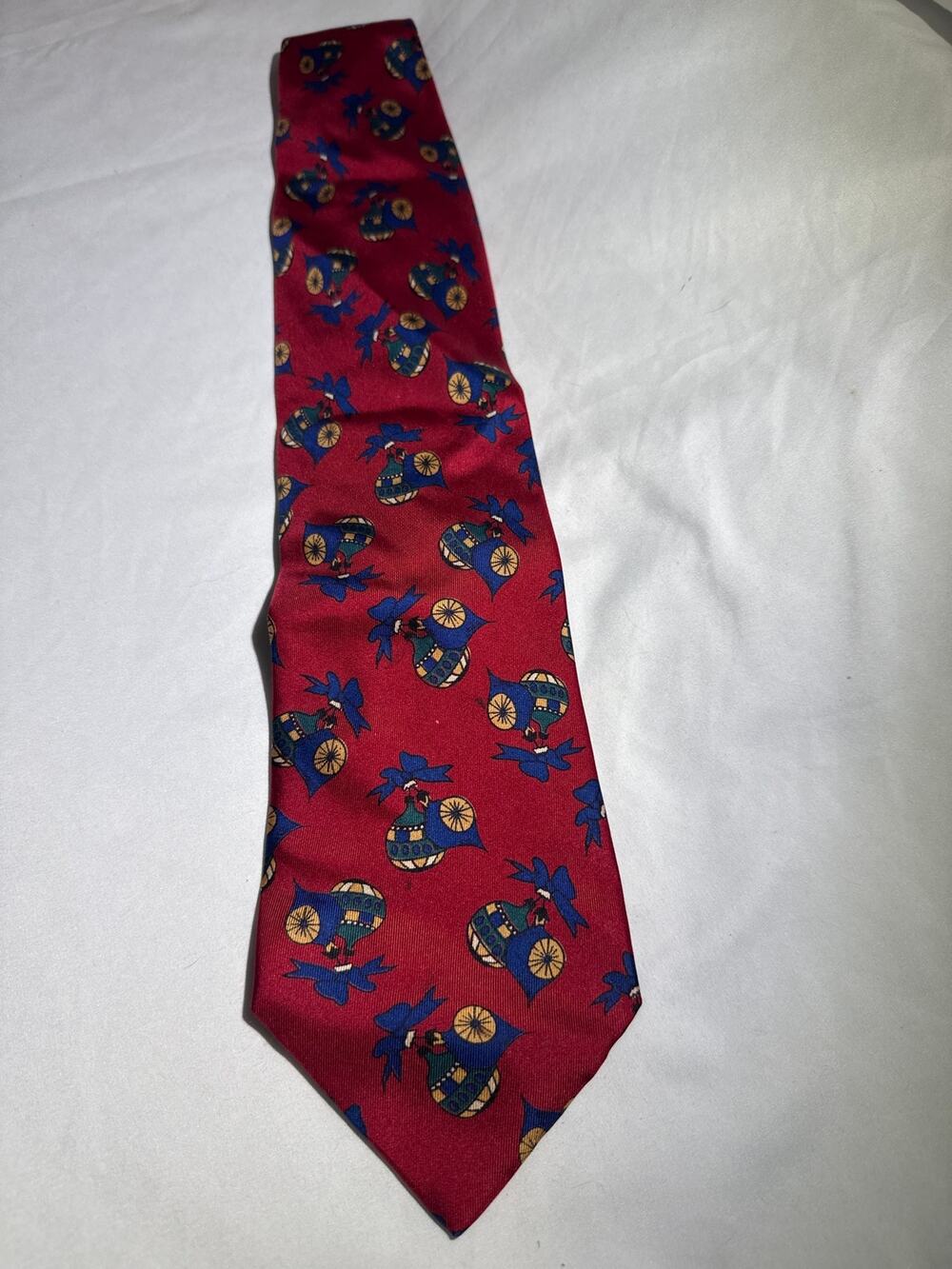 Reckless Mens 100% Silk Tie Red Christmas Ornaments Blue Bows 58" Vintage